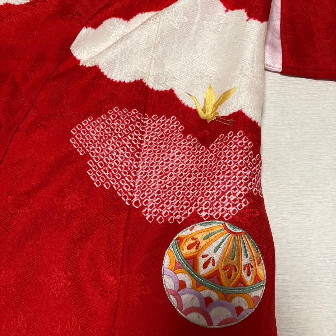 七五三 ３歳 女の子 正絹 着物長襦袢セット 絞り 赤白 金刺繍 熨斗目