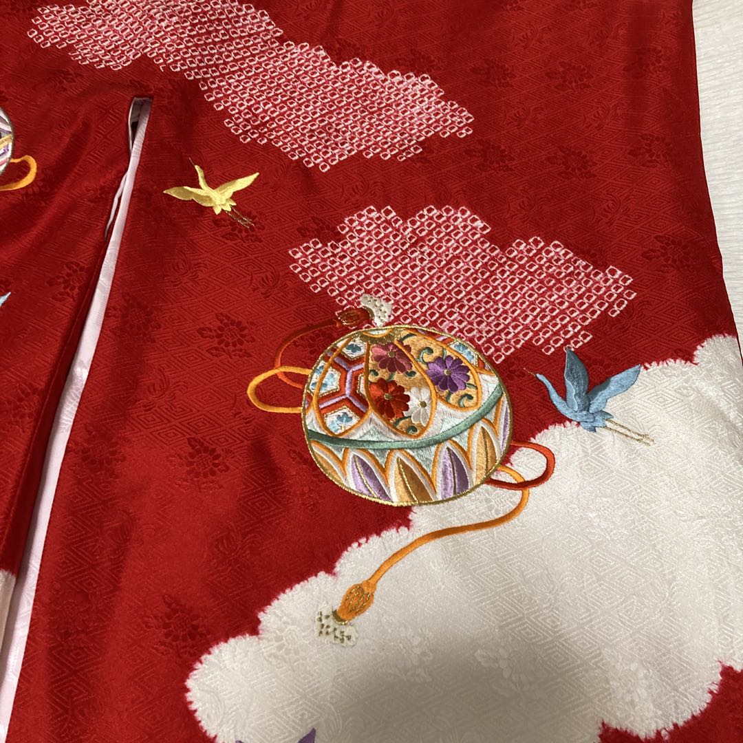 七五三 ３歳 女の子 正絹 着物長襦袢セット 絞り 赤白 金刺繍 熨斗目