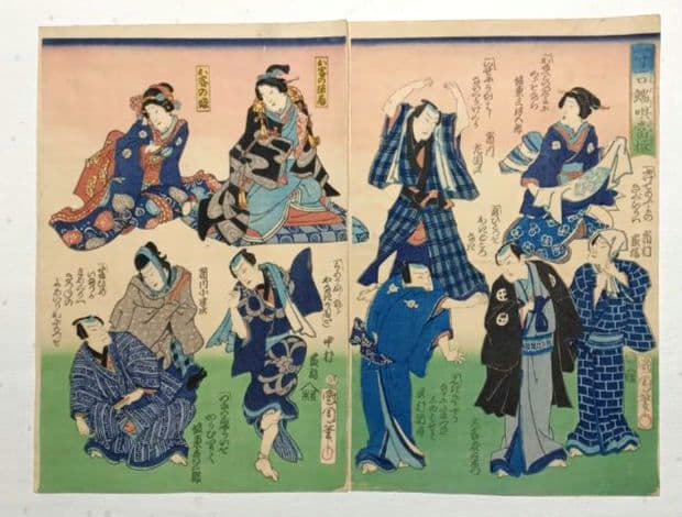浮世絵版画、一寸一口端唄當振三枚綴りの右側と真ん中の2枚売り国周画 明治元年出版