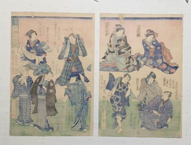 浮世絵版画、一寸一口端唄當振三枚綴りの右側と真ん中の2枚売り国周画 明治元年出版