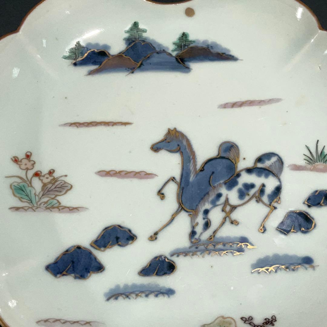 伊万里金襴手馬図変形皿　江戸　古伊万里　金直し　R0917w1ダH
