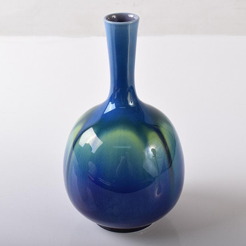 人間国宝　三代徳田八十吉　碧明耀彩　花生　共布共箱　T　R8172