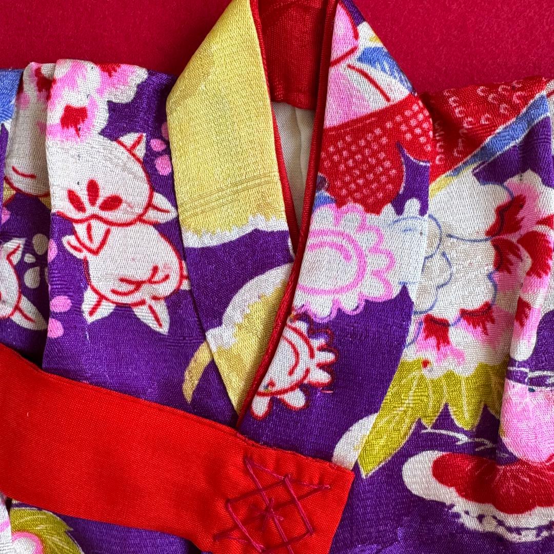 市松人形 10号(40cm)サイズの着物　比翼仕立て　紫　牡丹折り鶴　さ