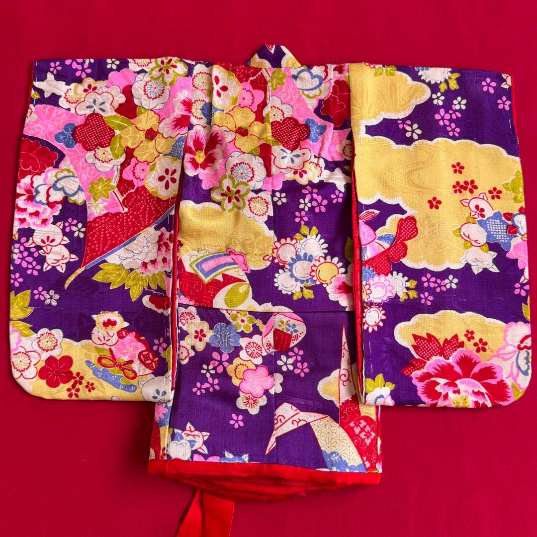 市松人形 10号(40cm)サイズの着物　比翼仕立て　紫　牡丹折り鶴　さ