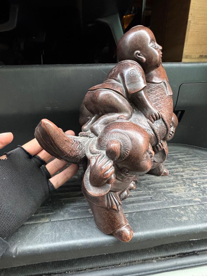 ‼️風になりました‼️唐物買取①‼️中国製‼️名前有り朱泥の紫泥製‼️唐子図の置物‼️