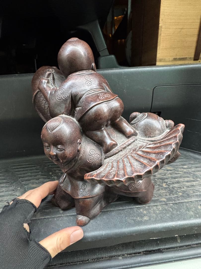 ‼️風になりました‼️唐物買取①‼️中国製‼️名前有り朱泥の紫泥製‼️唐子図の置物‼️