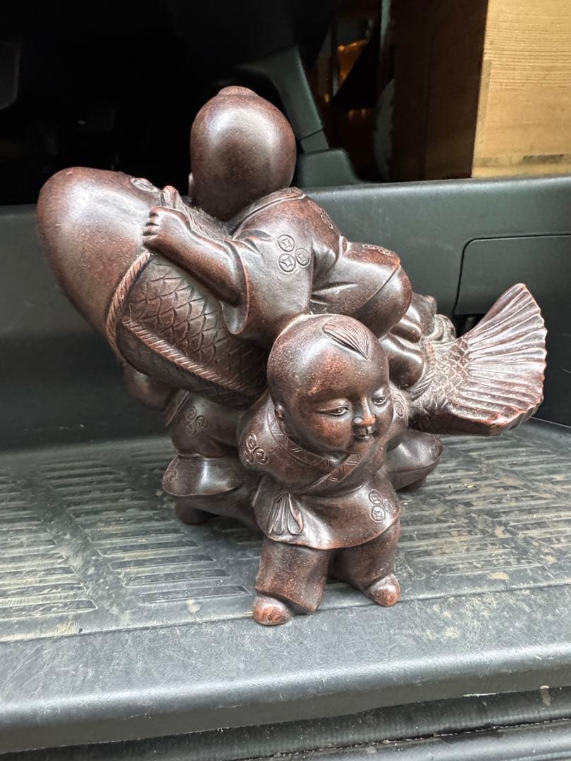 ‼️風になりました‼️唐物買取①‼️中国製‼️名前有り朱泥の紫泥製‼️唐子図の置物‼️