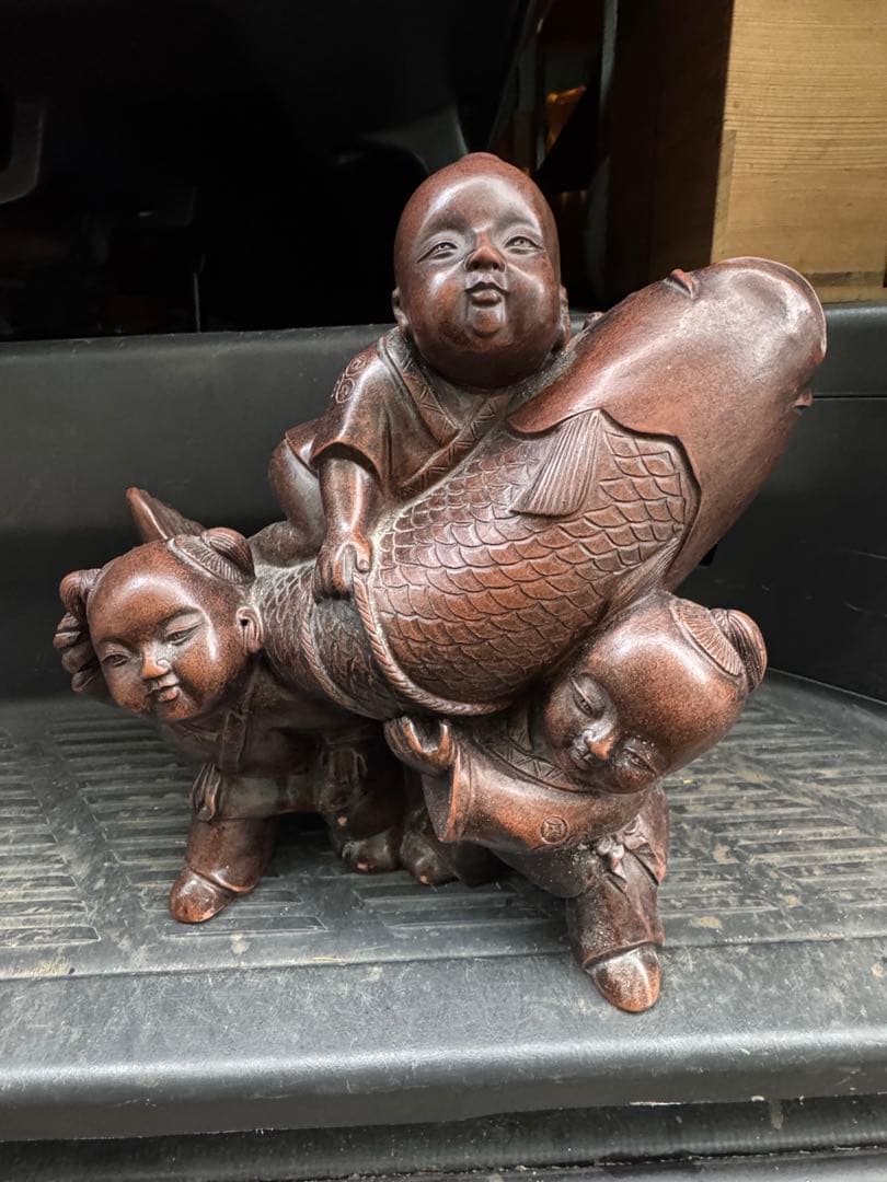 ‼️風になりました‼️唐物買取①‼️中国製‼️名前有り朱泥の紫泥製‼️唐子図の置物‼️