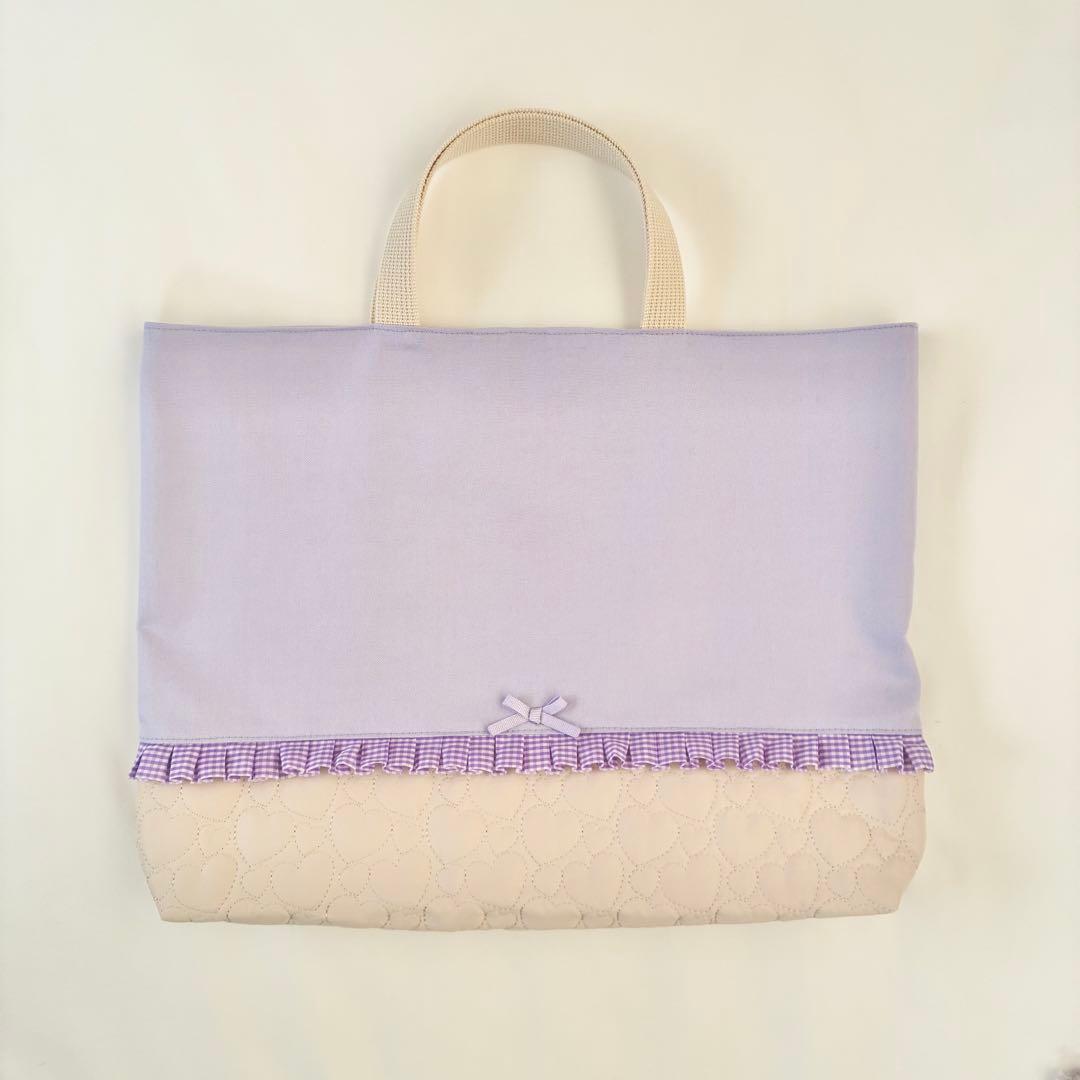 入園入学　3点セット　お着替え袋M ハートキルティング　ラベンダー　パープル