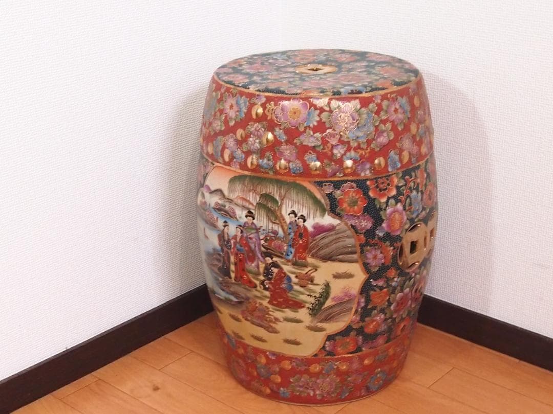 【美品】陶器製 スツール 椅子/花台/飾り台 美人画/花文/青粒 シノワズリ家具