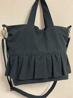 ハンドメイド　フリルショルダーバッグ　ブラック　リネン