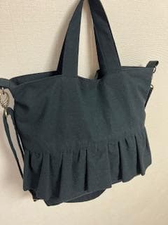 ハンドメイド　フリルショルダーバッグ　ブラック　リネン