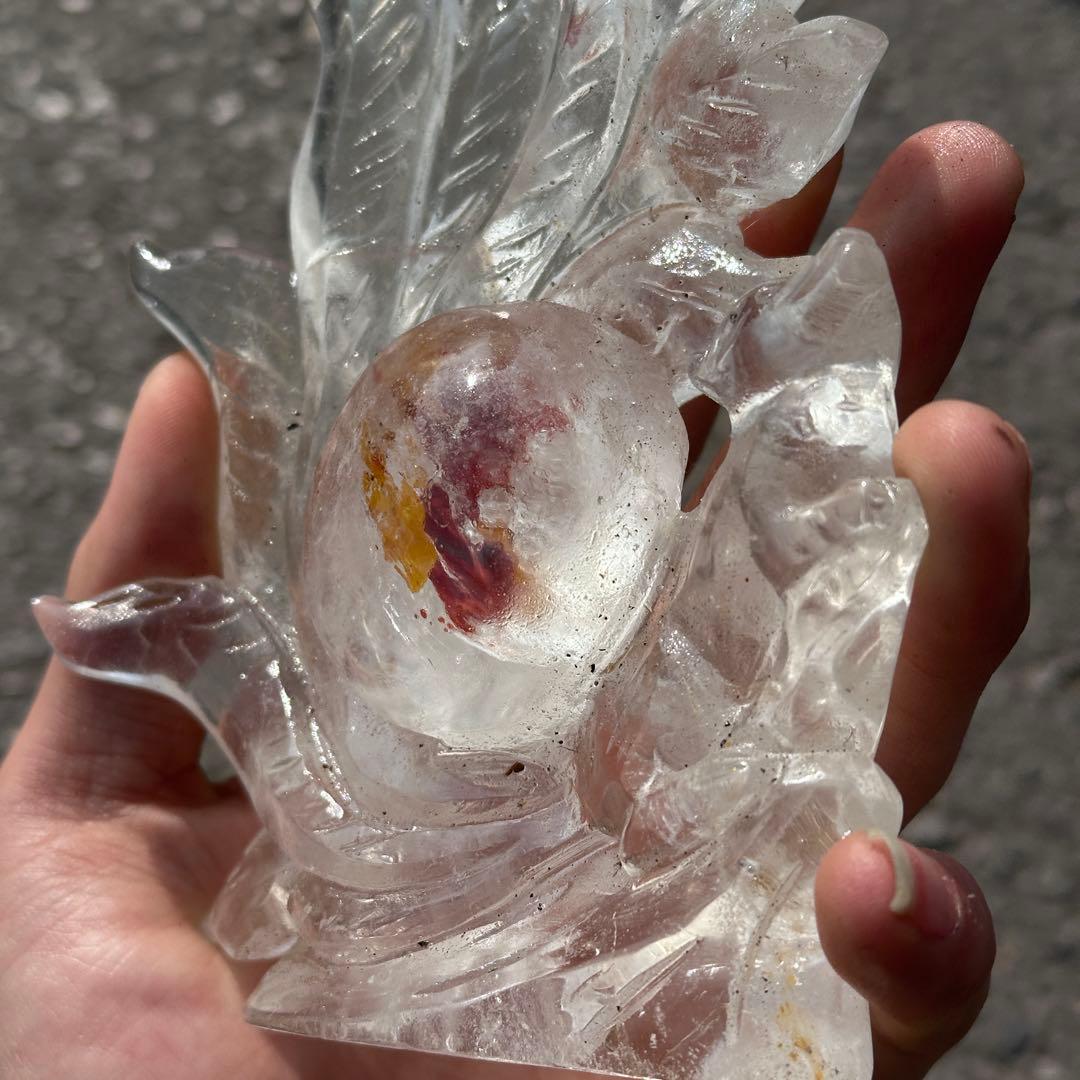 天然石ファイアクォーツ共生水晶の九尾狐　置物　彫り物G.266