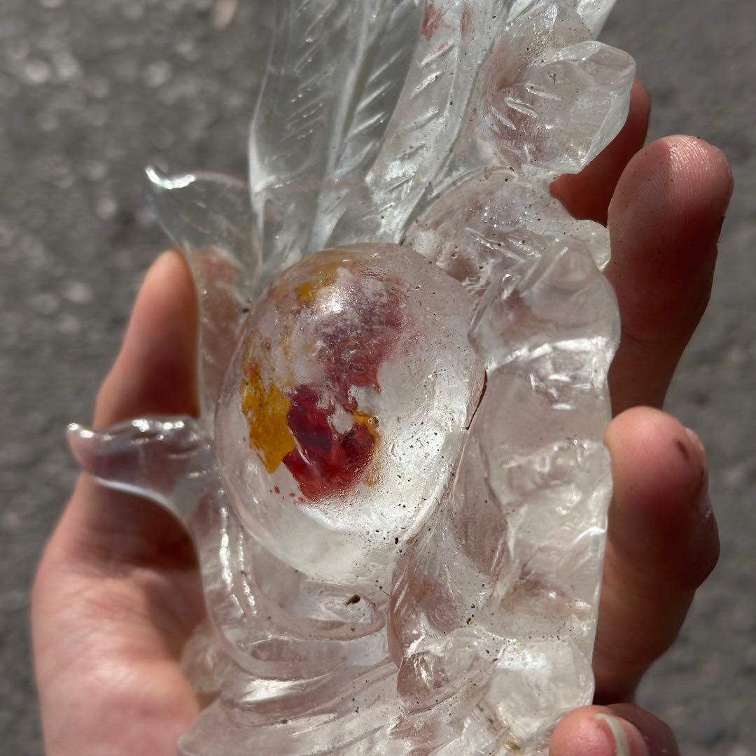 天然石ファイアクォーツ共生水晶の九尾狐　置物　彫り物G.266