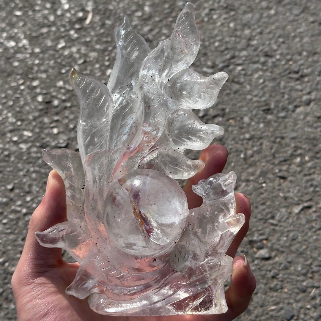 天然石ファイアクォーツ共生水晶の九尾狐　置物　彫り物G.266