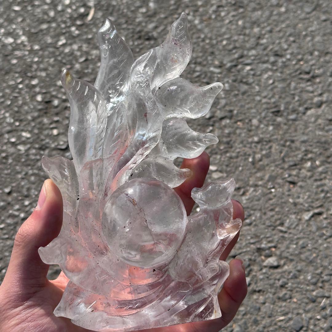 天然石ファイアクォーツ共生水晶の九尾狐　置物　彫り物G.266