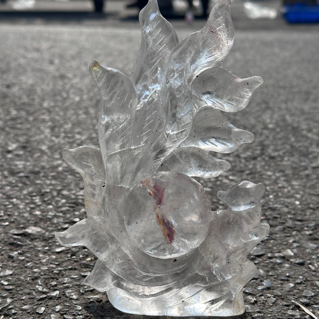 天然石ファイアクォーツ共生水晶の九尾狐　置物　彫り物G.266