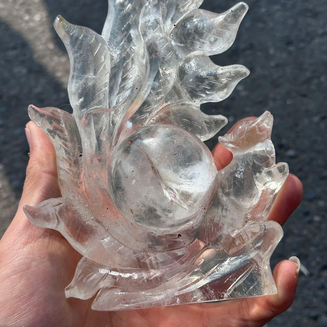 天然石ファイアクォーツ共生水晶の九尾狐　置物　彫り物G.266