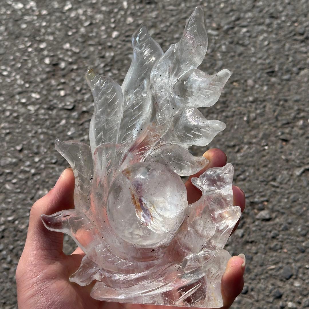 天然石ファイアクォーツ共生水晶の九尾狐　置物　彫り物G.266