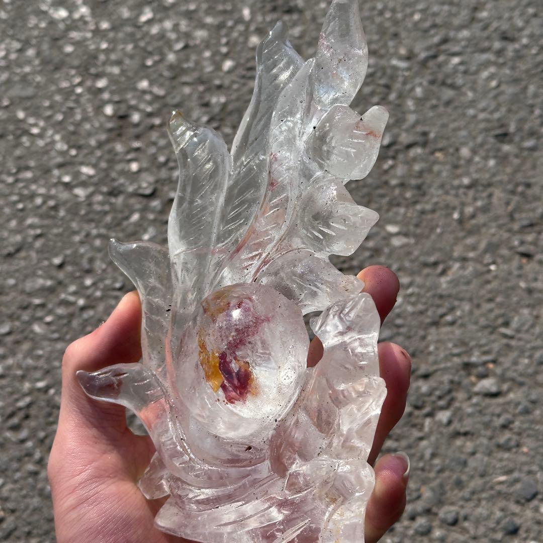 天然石ファイアクォーツ共生水晶の九尾狐　置物　彫り物G.266