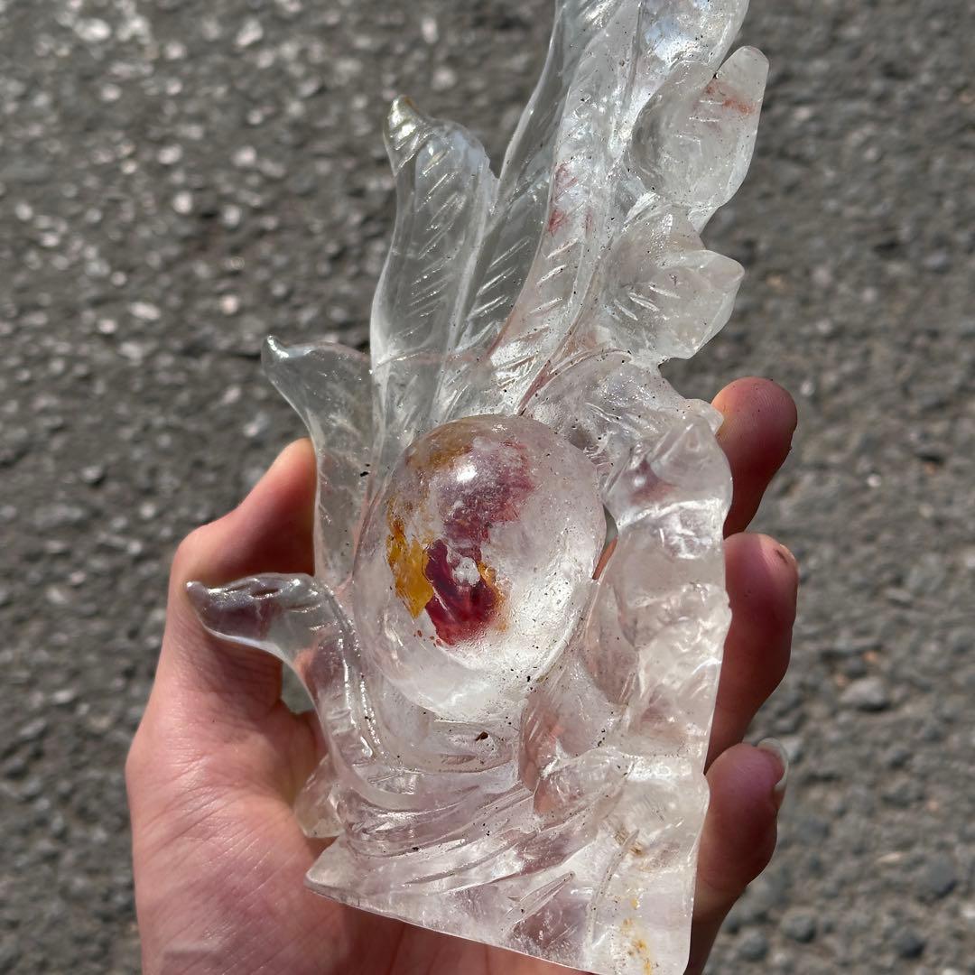 天然石ファイアクォーツ共生水晶の九尾狐　置物　彫り物G.266