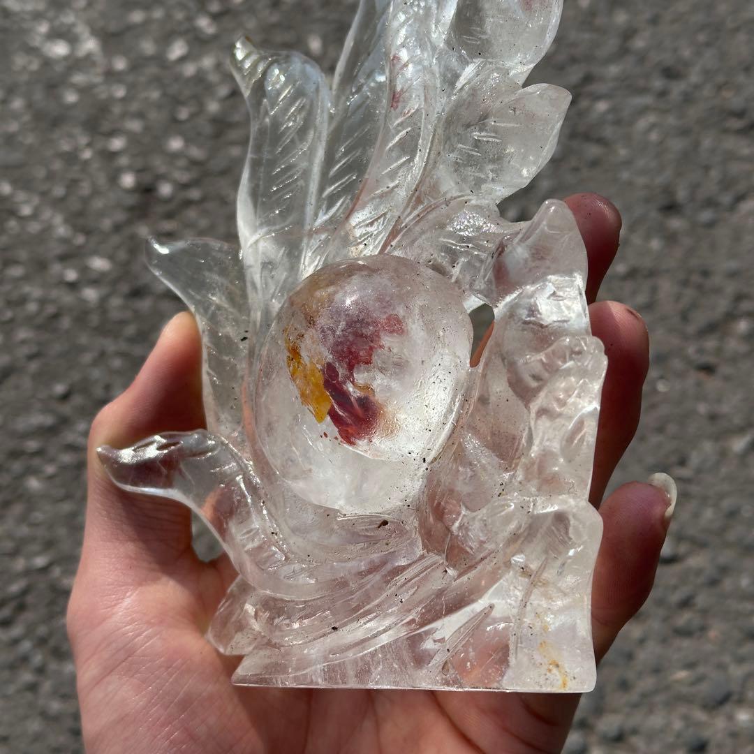 天然石ファイアクォーツ共生水晶の九尾狐　置物　彫り物G.266