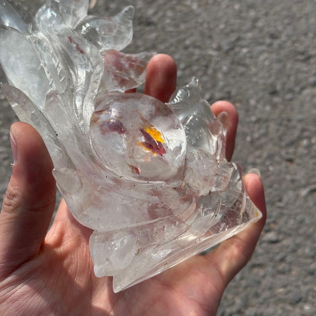 天然石ファイアクォーツ共生水晶の九尾狐　置物　彫り物G.266