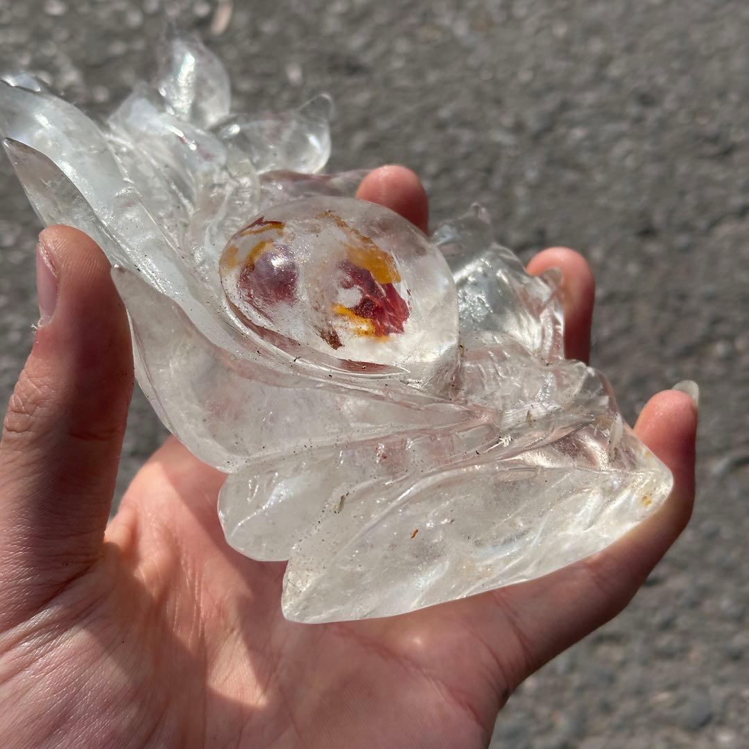 天然石ファイアクォーツ共生水晶の九尾狐　置物　彫り物G.266