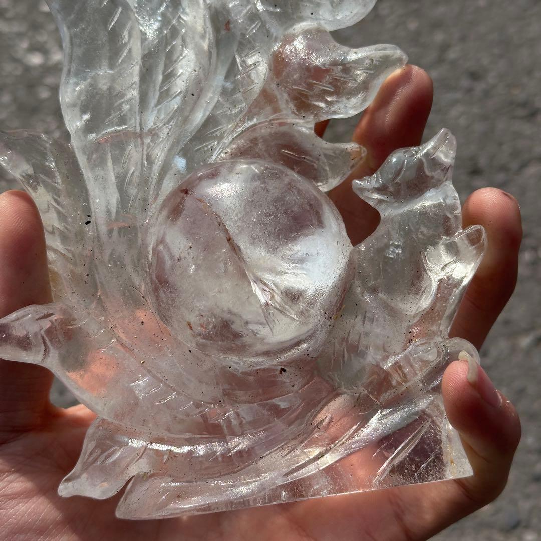 天然石ファイアクォーツ共生水晶の九尾狐　置物　彫り物G.266