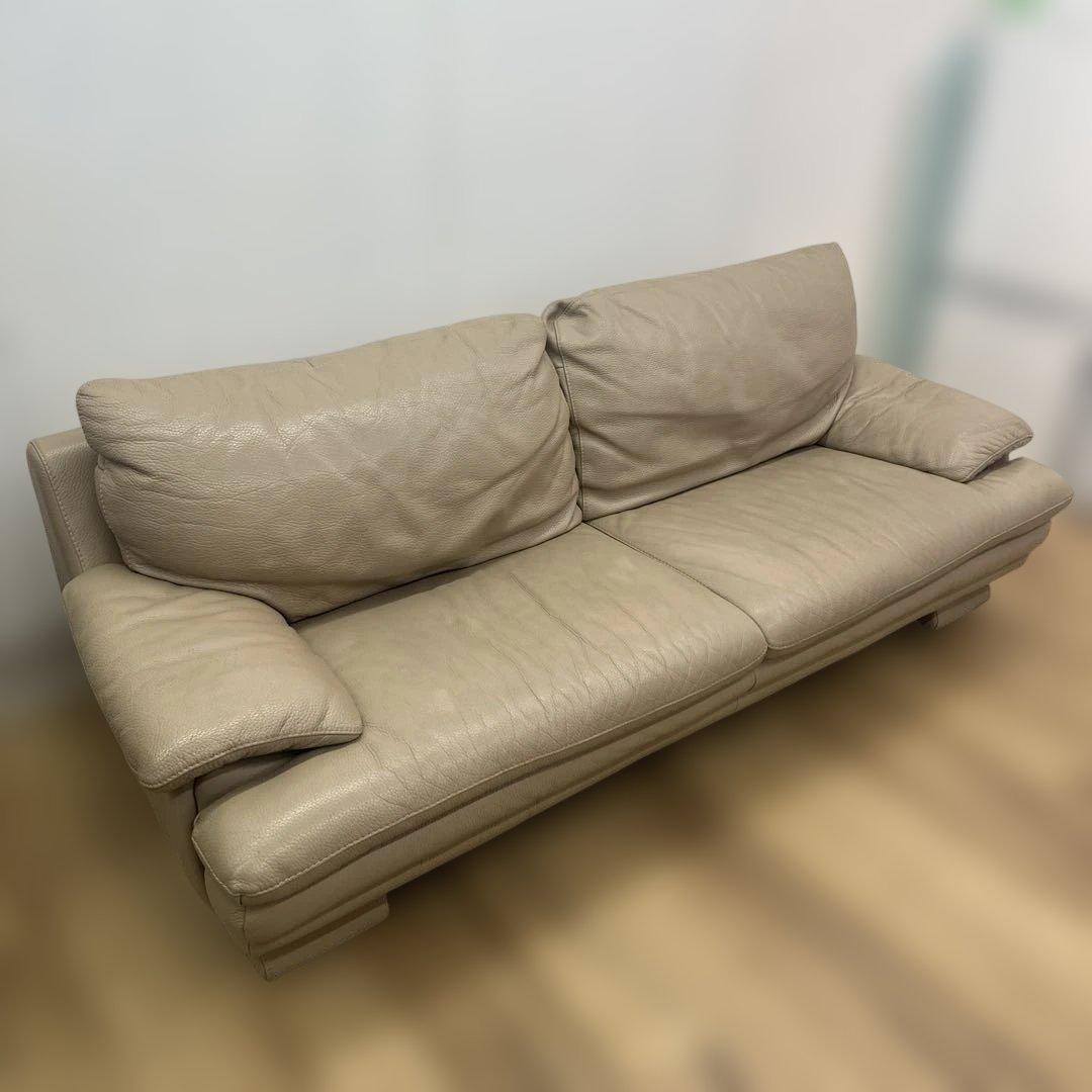 IDC家具　三人掛け本革ソファー　ベージュ