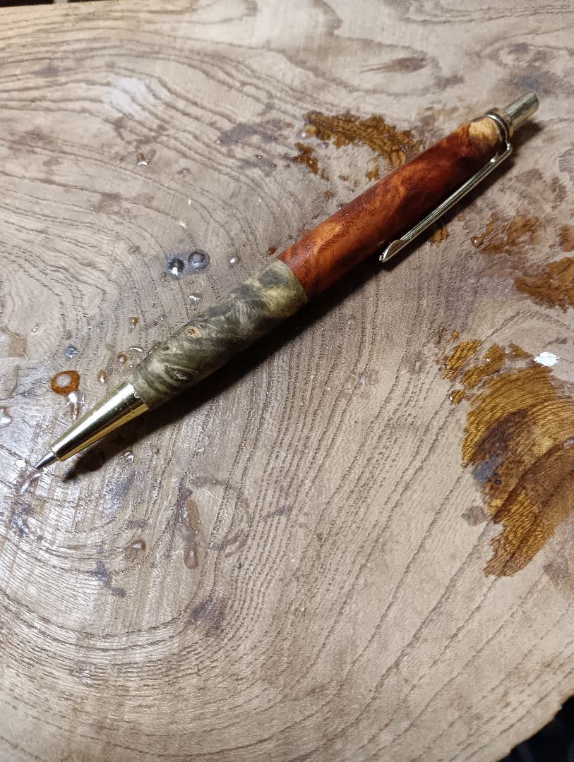 木軸シャーペン0.5㎜バックアイバール＆花梨瘤　蜜蝋クリーム仕上げ