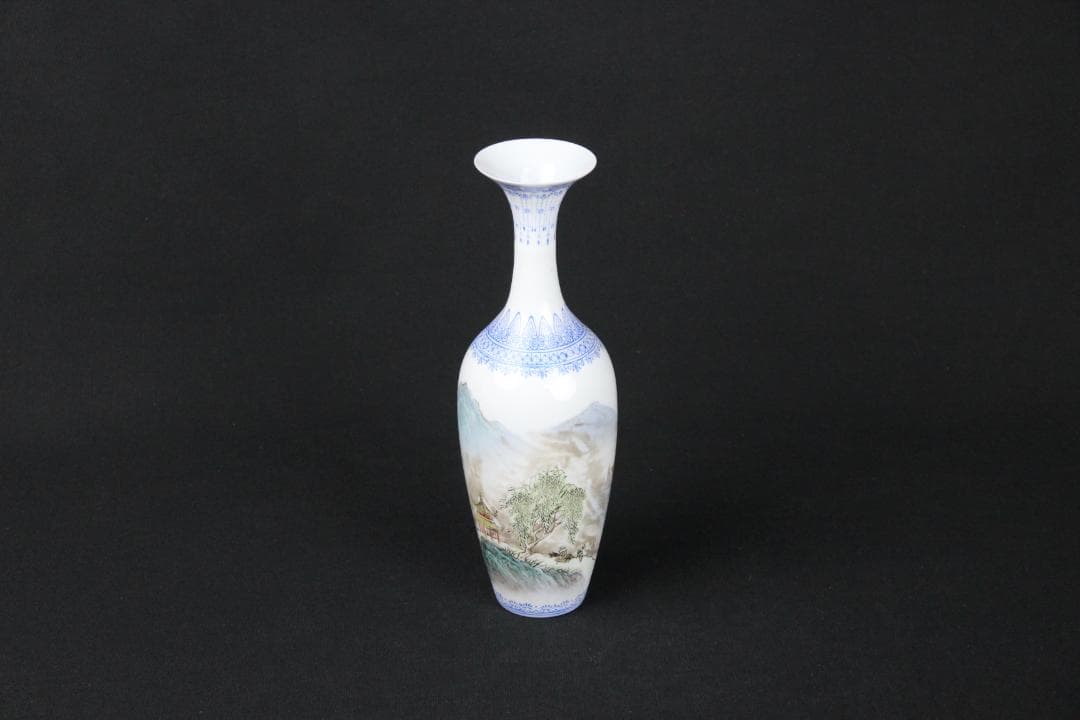 中国 花瓶 薄口 粉彩山水人物 唐物 花生 色絵 陶磁器 景徳鎮 FJ11-4