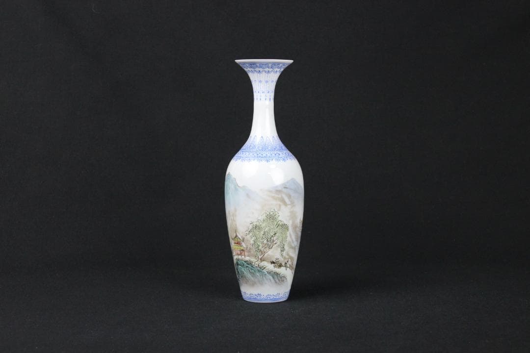 中国 花瓶 薄口 粉彩山水人物 唐物 花生 色絵 陶磁器 景徳鎮 FJ11-4