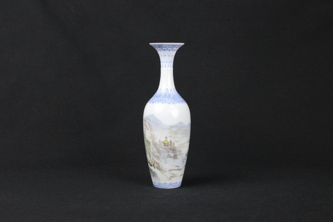 中国 花瓶 薄口 粉彩山水人物 唐物 花生 色絵 陶磁器 景徳鎮 FJ11-4