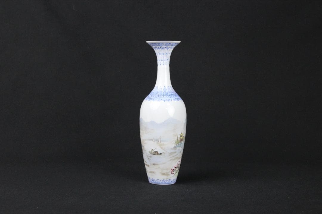 中国 花瓶 薄口 粉彩山水人物 唐物 花生 色絵 陶磁器 景徳鎮 FJ11-4