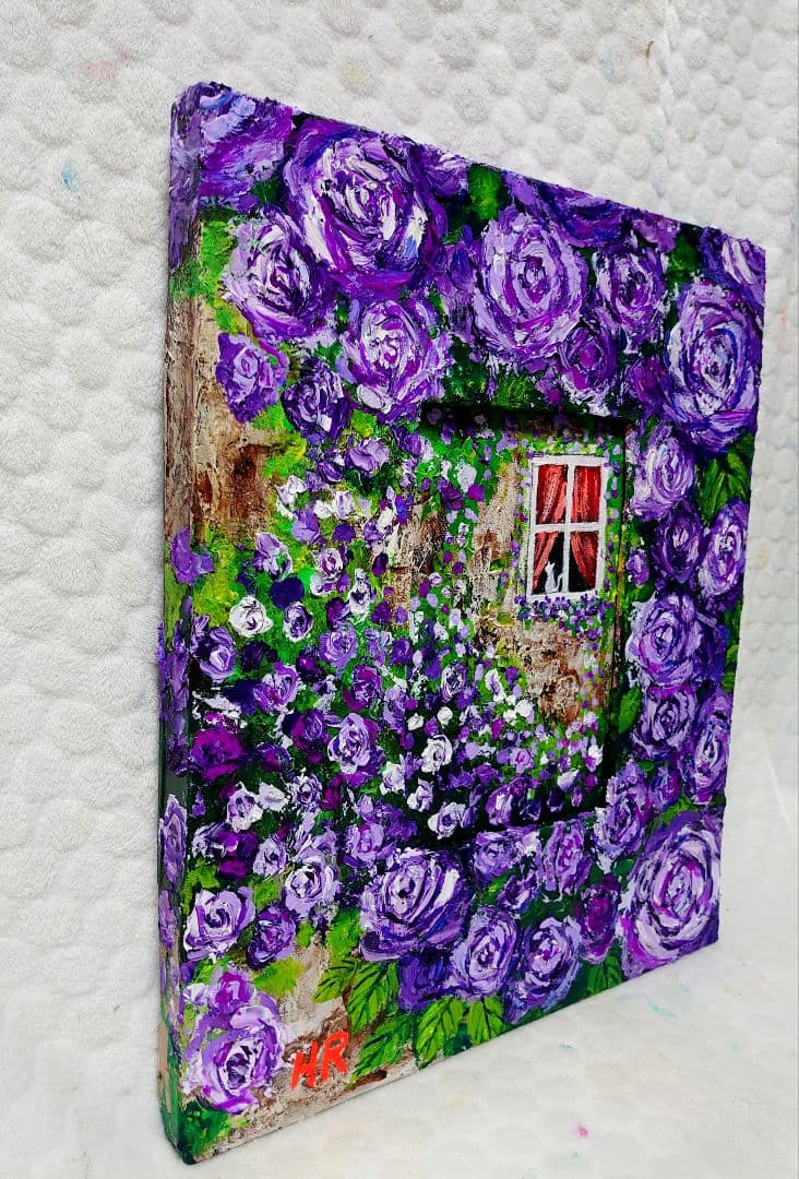 油絵 絵画【猫と紫の薔薇】