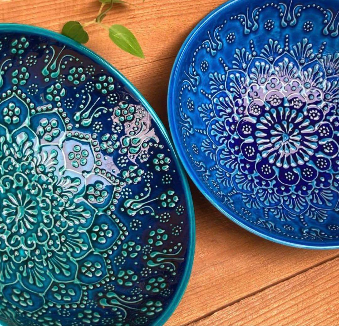 21cm☆新品☆【トルコ】ボウル 皿　ターコイズ　ハンドメイド キュタフヤ陶器