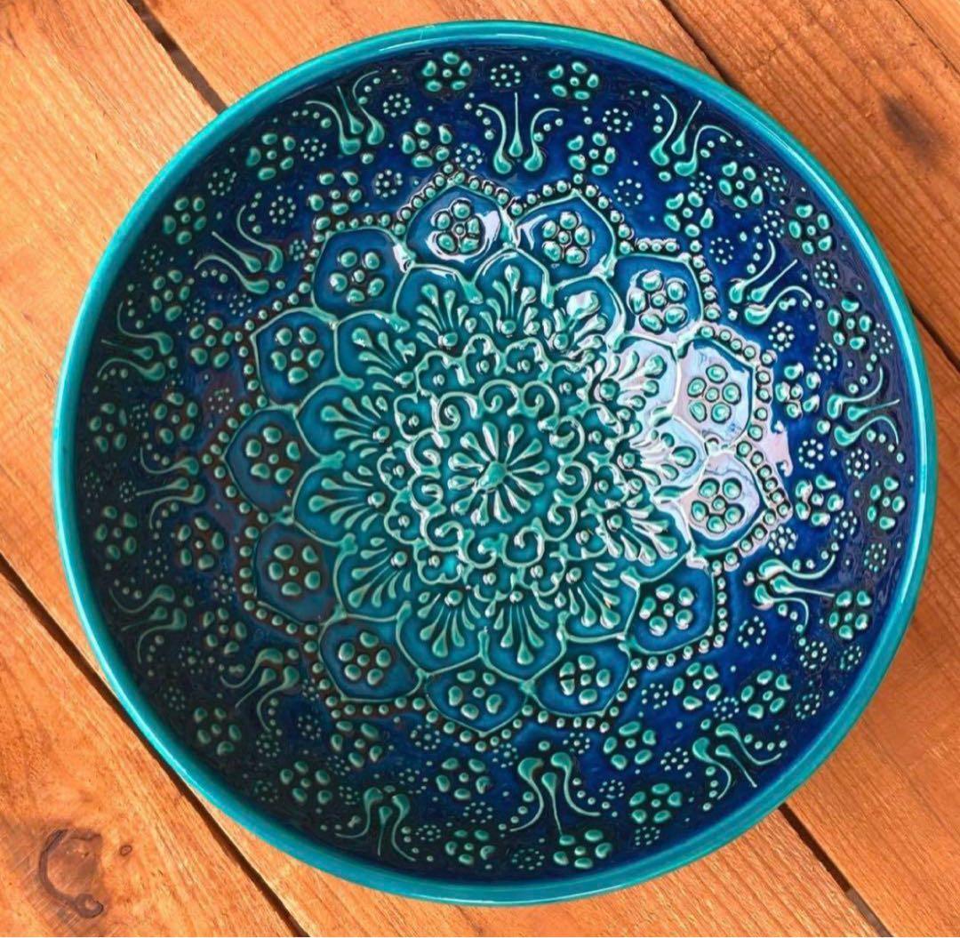 21cm☆新品☆【トルコ】ボウル 皿　ターコイズ　ハンドメイド キュタフヤ陶器