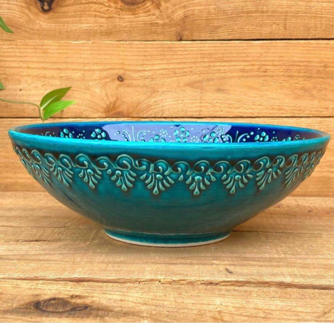 21cm☆新品☆【トルコ】ボウル 皿　ターコイズ　ハンドメイド キュタフヤ陶器