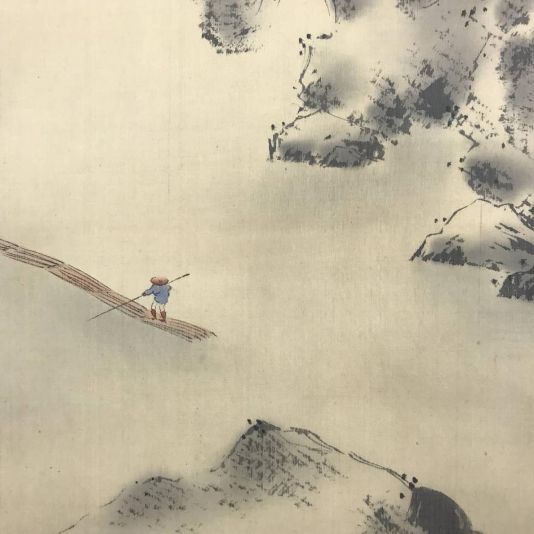 【真作】霞舟/桜花山水筏下り図/嵐峡/嵐山/山水図/掛軸/名家伝来/AB-731