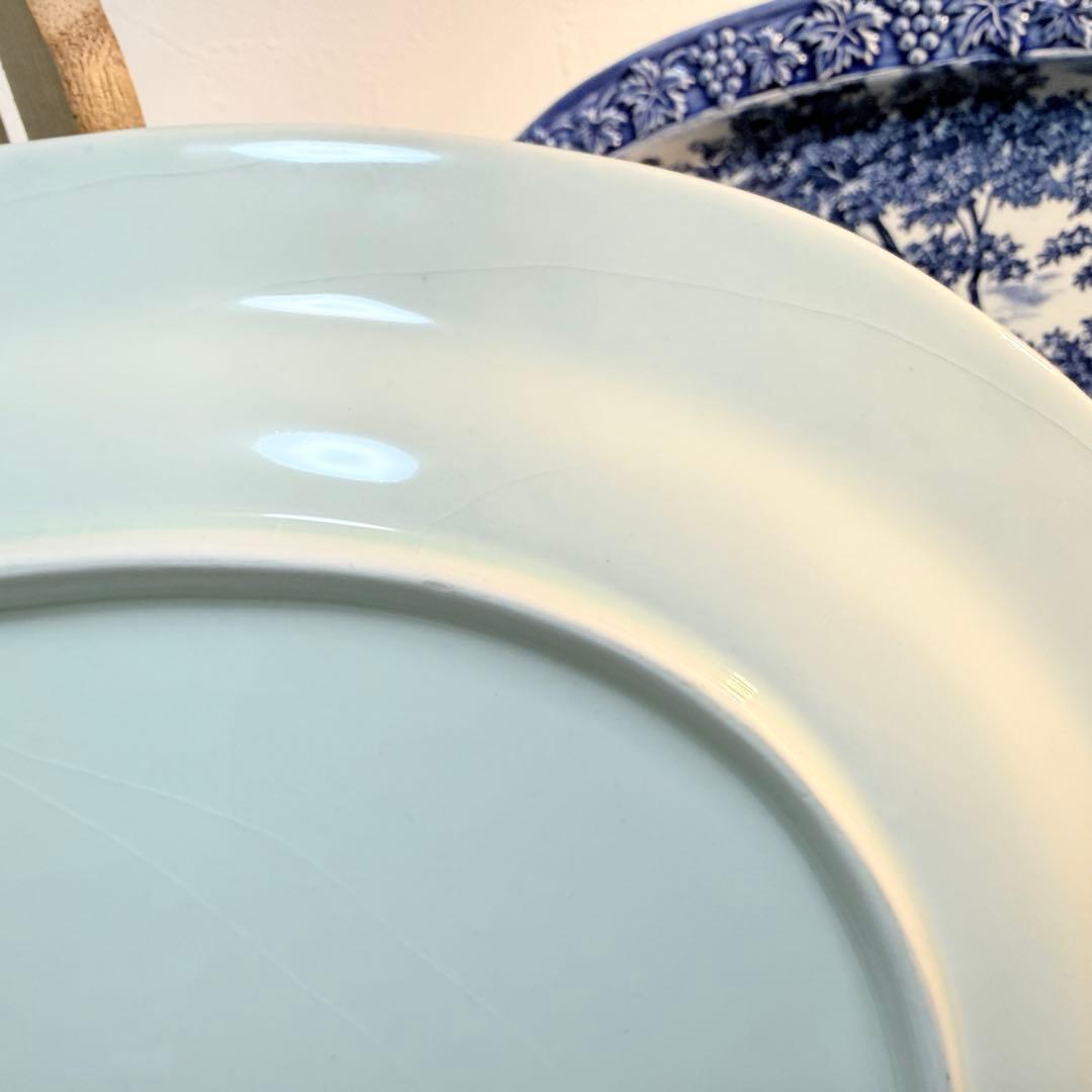 35cm 大皿 3枚 葡萄レリーフ 藍色 風景画 昭和レトロ 14吋