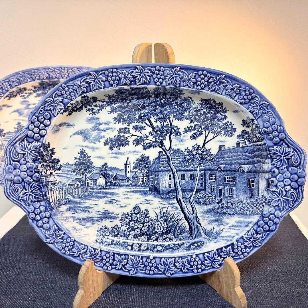 35cm 大皿 3枚 葡萄レリーフ 藍色 風景画 昭和レトロ 14吋