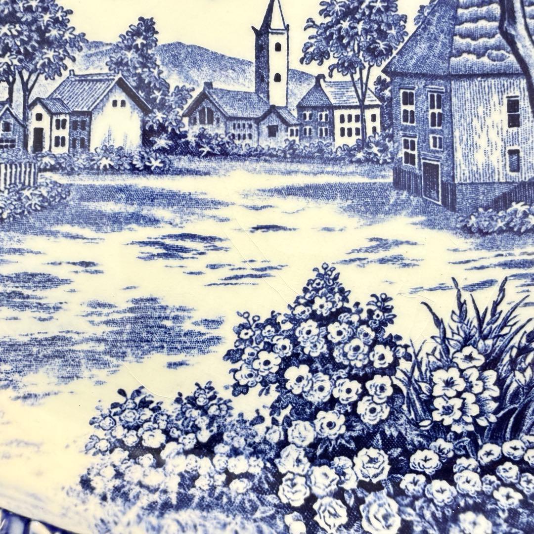 35cm 大皿 3枚 葡萄レリーフ 藍色 風景画 昭和レトロ 14吋