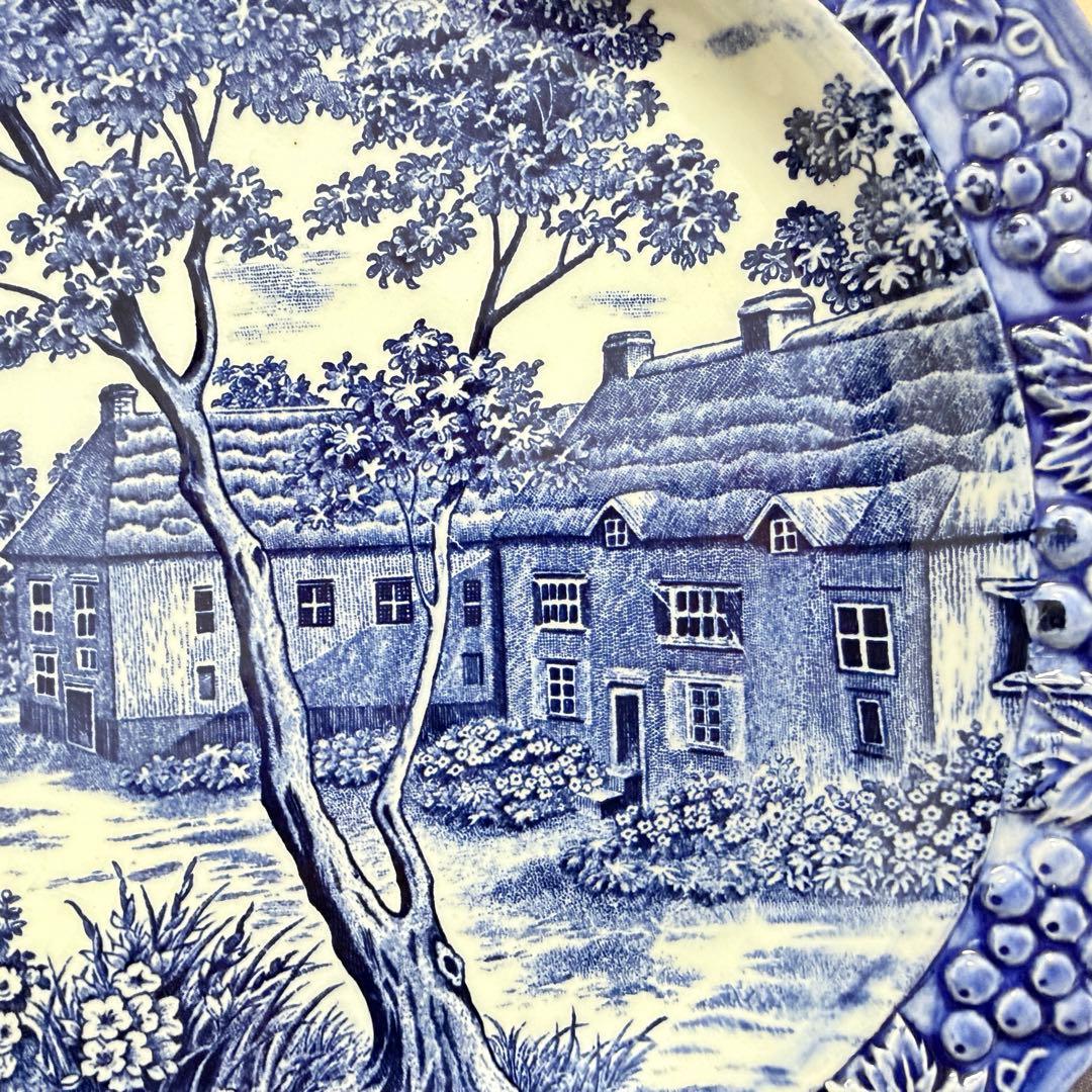 35cm 大皿 3枚 葡萄レリーフ 藍色 風景画 昭和レトロ 14吋