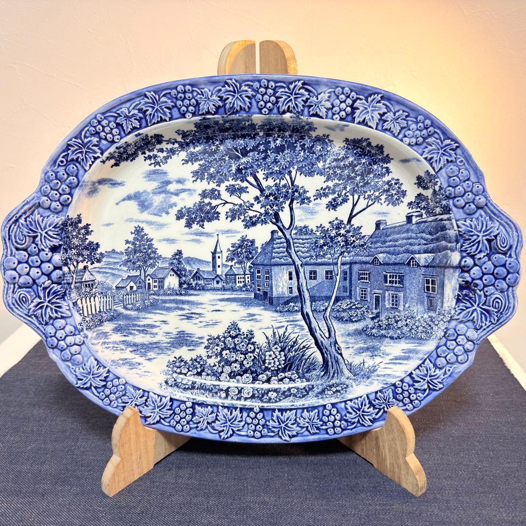 35cm 大皿 3枚 葡萄レリーフ 藍色 風景画 昭和レトロ 14吋