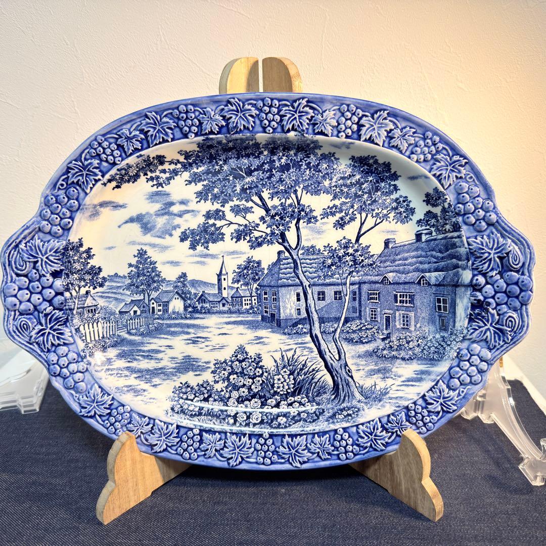 35cm 大皿 3枚 葡萄レリーフ 藍色 風景画 昭和レトロ 14吋