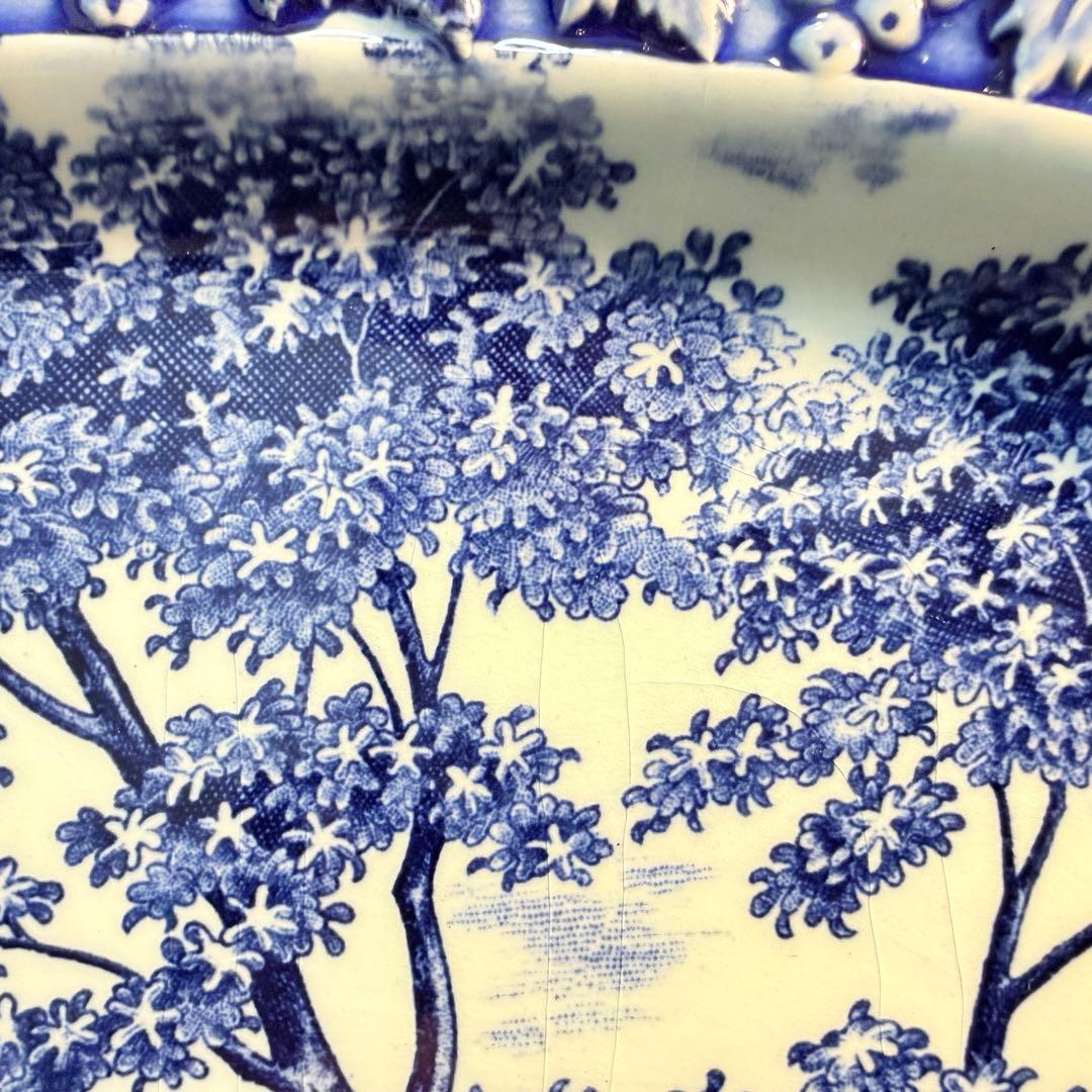 35cm 大皿 3枚 葡萄レリーフ 藍色 風景画 昭和レトロ 14吋