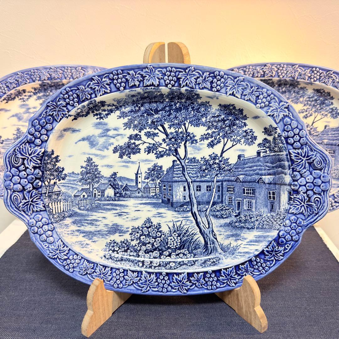 35cm 大皿 3枚 葡萄レリーフ 藍色 風景画 昭和レトロ 14吋