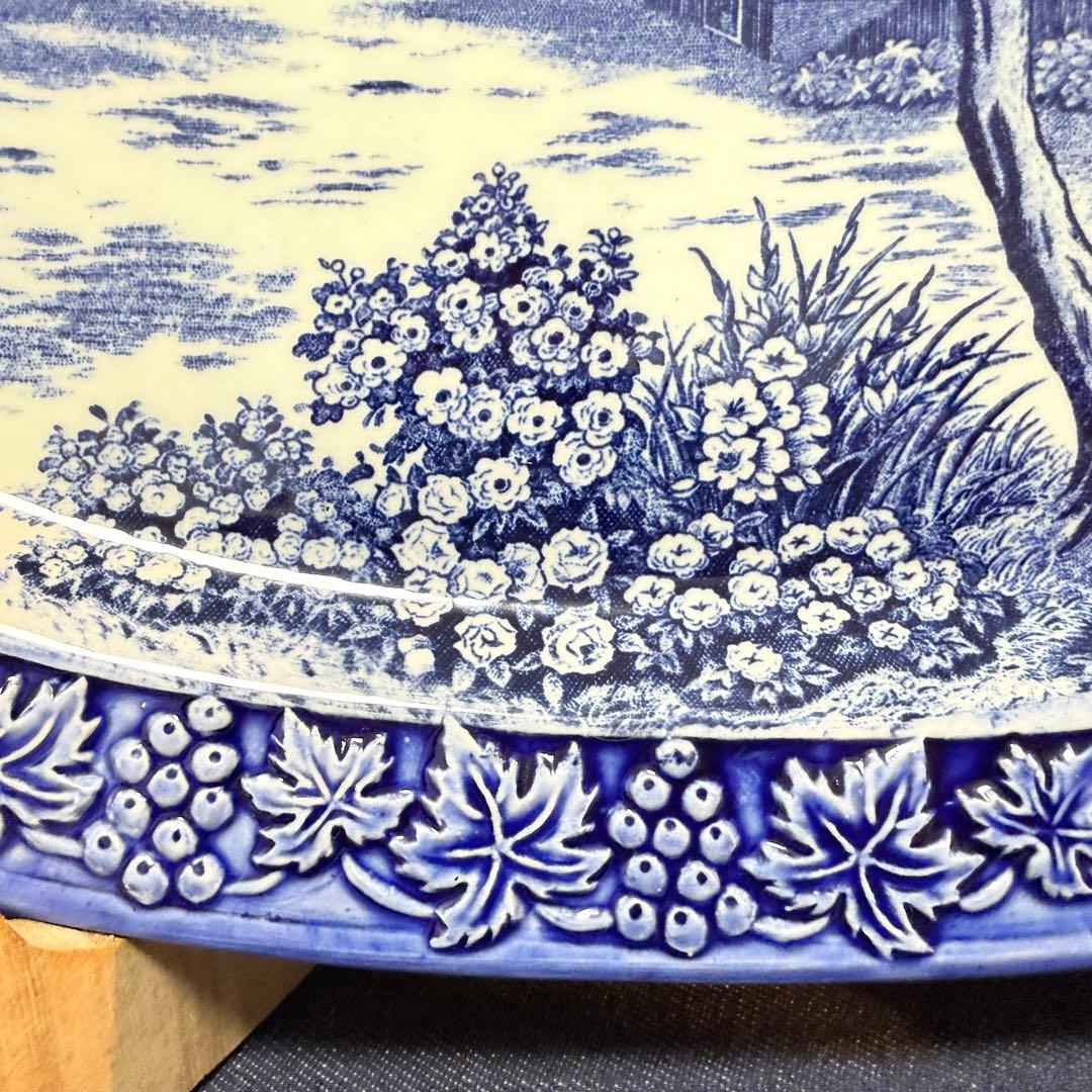 35cm 大皿 3枚 葡萄レリーフ 藍色 風景画 昭和レトロ 14吋