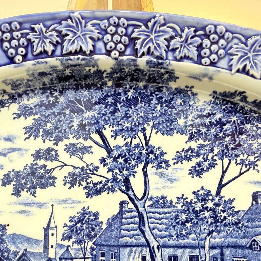 35cm 大皿 3枚 葡萄レリーフ 藍色 風景画 昭和レトロ 14吋